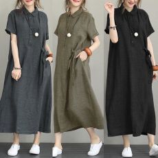 批发跨境<b class='q'>外贸</b>新款日式纯色棉麻翻领 短袖宽松口袋女装休闲<b class='q'>连衣裙</b>女
