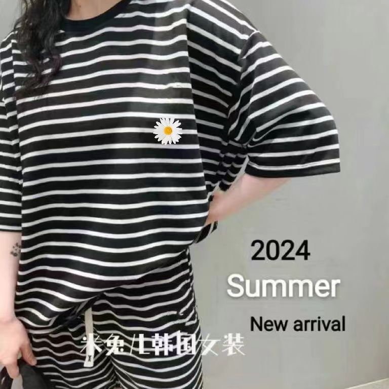 한국 동대문 여성 의류 여름 새로운 스트라이프 반팔 티셔츠 반바지 세트