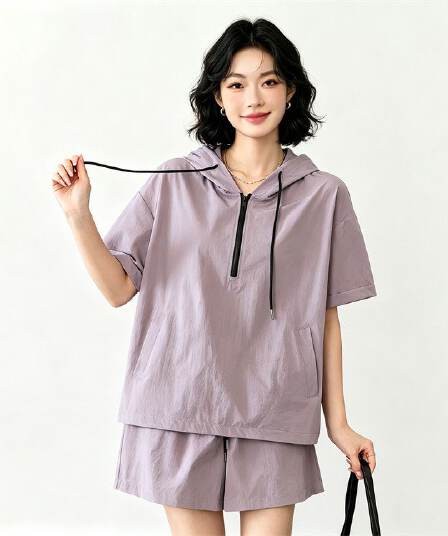 캐주얼 반팔 티셔츠 하프 지퍼 후드 맨위 플러스 몸매 가꾸기 슬림해 보이는 루즈핏 운동 반바지 투피스 세트 세트