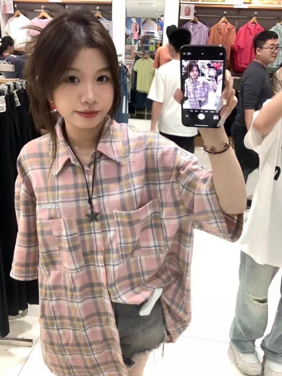2026 봄 여름 레트로 배색 체크무늬 반팔 여성 셔츠 재킷 루즈핏 oversize 커플 다용도 셔츠