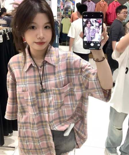 2026 봄 여름 레트로 배색 체크무늬 반팔 여성 셔츠 재킷 루즈핏 oversize 커플 다용도 셔츠