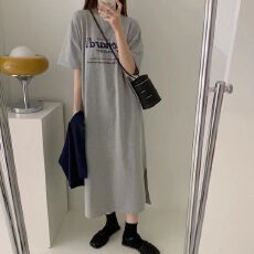 批发夏季新款短袖宽松韩版韩式印花<b class='q'>开叉</b>中长款<b class='q'>连衣裙</b>T恤女