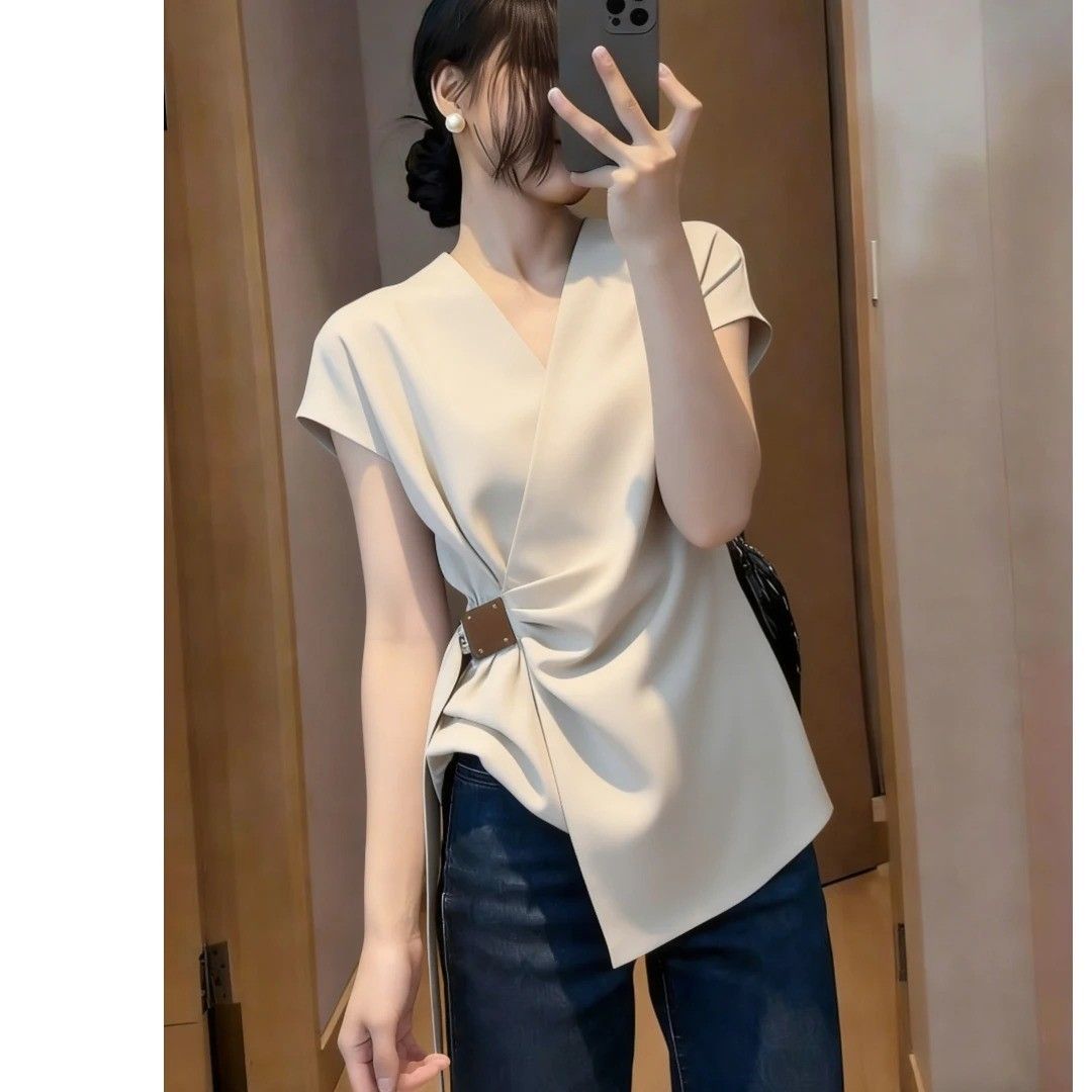 경관 그림 여름 새로운 몸매 가꾸기 슬림해 보이는 한국 스타일 출퇴근 패션 다용도 V넥 반팔 셔츠 맨위