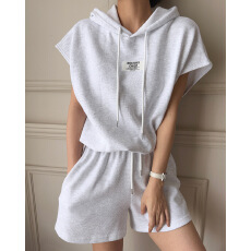 批发韩版简约气质字母贴布抽绳连帽<b class='q'>卫衣</b><b class='q'>女</b>夏季新款高腰休闲短裤<b class='q'>套装</b>