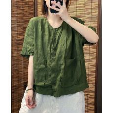 批发文艺复古简约风棉麻短袖衬衫上衣夏季新款口袋设计<b class='q'>开衫</b>宽松显瘦女