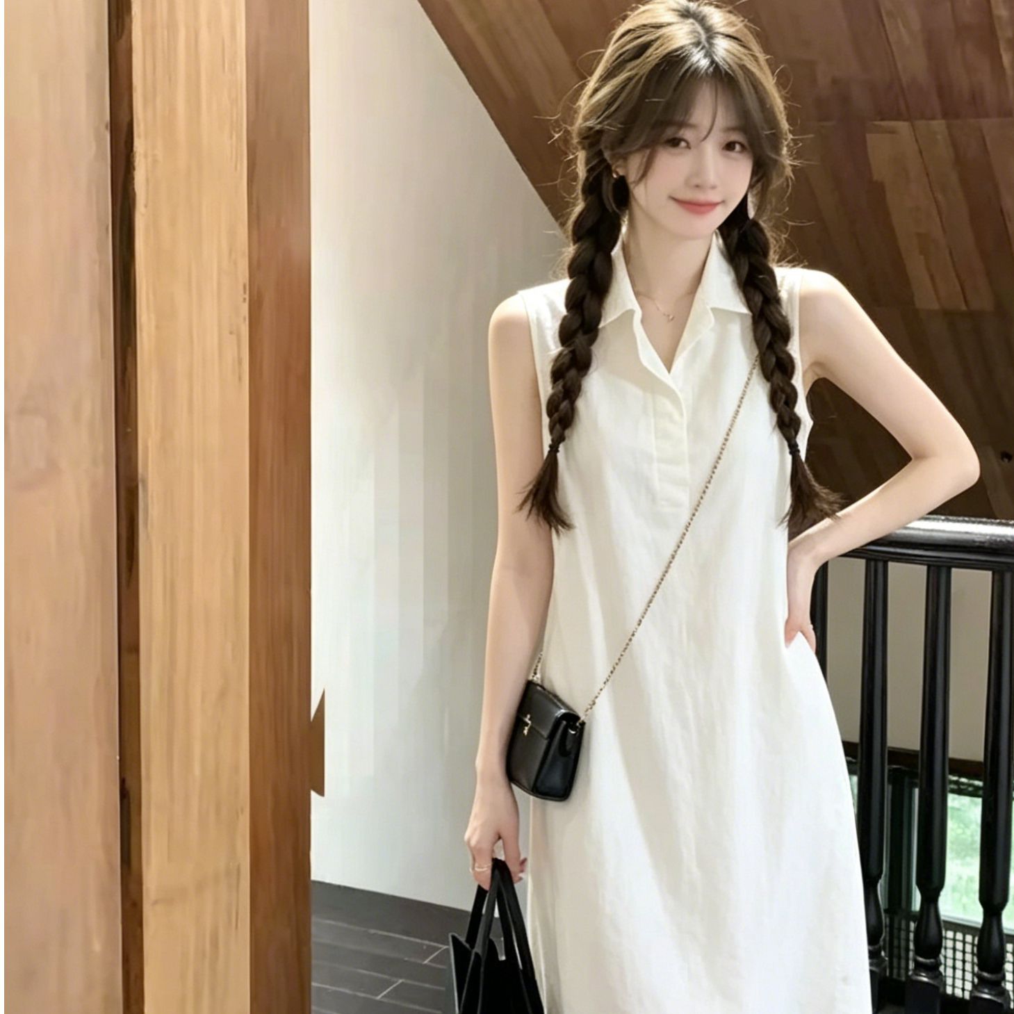 2026 미니멀리즘 폴로 칼라 민소매 여성 드레스 여름 루즈핏 슬림해 보이는 품격 출퇴근 바람 단색 스트레이트 중간 길이 스커트