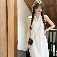 批发2026简约翻领无袖<b class='q'>连衣裙</b>女夏宽松显瘦气质通勤风纯色直筒<b class='q'>中</b>长裙