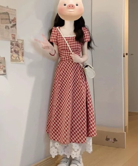 빅 사이즈 프랑스식 빨간색 체크무늬 여성 드레스 여름 지방 mm 표지 배 슬림해 보이는 레이스 조각 달콤함 한 마디 치마