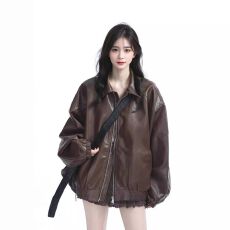 批发美拉德棕色机车PU皮衣外套女秋冬季中性风美式复古<b class='q'>街头</b>宽松夹克潮