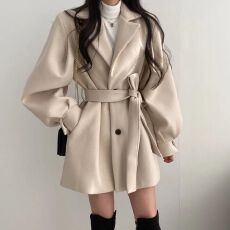 批发韩版Chic<b class='q'>秋</b>冬赫本风夹棉大衣女呢子西装领中长款小个子毛呢外套女
