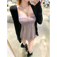 批发大码胖妹妹纯欲风网纱拼接褶皱吊带<b class='q'>背心女</b>夏季显瘦黑色开衫两件套