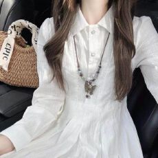 批发学院风白色春秋长袖<b class='q'>连衣裙</b>女秋冬新款收腰气质通勤温柔中长款裙子