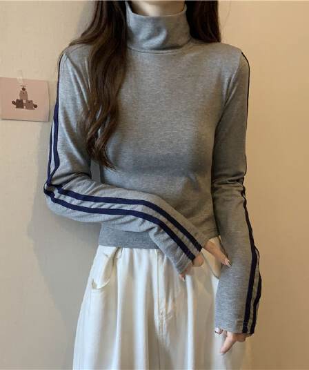 양면 De 플러시 원단 터틀넥 몸매 가꾸기 슬림해 보이는 긴팔 티셔츠 여성 새로운