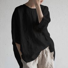 批发外贸跨境 TikTok虾皮Shop短袖棉麻女<b class='q'>夏</b>季新款文艺复古纯棉T恤休闲