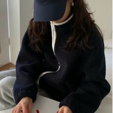 批发美式宽松休闲摇粒绒高领<b class='q'>外套女</b>秋冬季新款拉链开衫百搭藏青色上衣