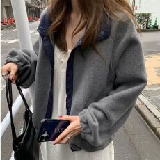 批发2026新韩系拼色摇粒绒<b class='q'>短</b><b class='q'>外套女</b>秋冬新款宽松显瘦保暖拉链开衫卫衣