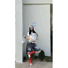 批发韩版时尚波点印花高腰百搭牛仔五分裙五分<b class='q'>中长款</b>