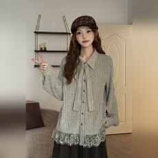 批发大码~上衣领带可拆秋季新款设计感洋气蕾丝拼接长袖衬衫女