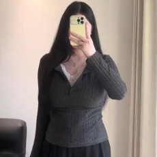 批发<b class='q'>大码</b><b class='q'>女装</b>微胖mm蕾丝拼接V领打底衫2024秋冬显瘦设计感针织衫上衣