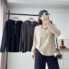 批发大码女装秋季时尚休闲百搭连帽长袖T恤宽松显瘦纯色连帽衫上衣女