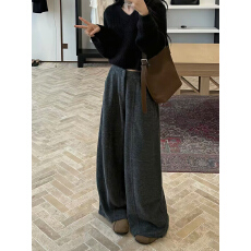 批发秋冬新款韩版大码宽松毛呢休闲裤梨型身材显瘦简约风纯色阔腿裤