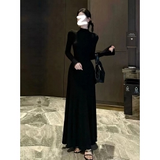 批发大码加绒~喇叭袖长款大摆<b class='q'>连衣裙</b>时尚百搭显瘦裙子法式气质大摆裙