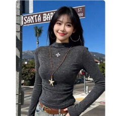 批发大码~<b class='q'>秋</b>冬加绒磨毛褶皱打底衫设计款十字架满天星内搭T恤长袖