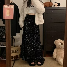 批发大码胖MM<b class='q'>冬</b>季新款遮肉显瘦丝绒闪片鱼尾半身裙