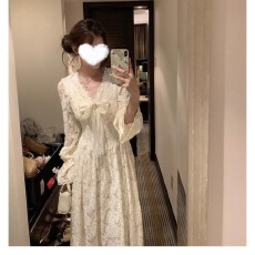 批发大码胖mm 蕾丝氛围感长袖V领花边收腰长款连衣裙