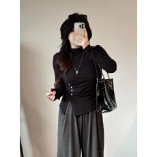 批发胖MM新款2025秋季大码微胖遮肉显瘦不规则开叉上衣