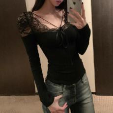 批发微胖纯欲风蝴蝶结系带蕾丝拼接显痩长袖T恤秋冬季加绒内搭打底衫