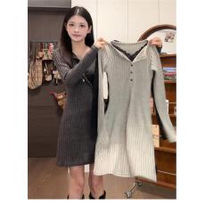 批发修身收腰针织包臀短裙女<b class='q'>秋</b>冬新款纯欲蕾丝V领内搭打底连衣裙子