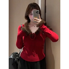 批发微胖mm<b class='q'>冬</b>季v领毛绒花边系带显瘦长袖T恤