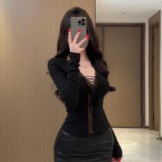 批发2025秋冬新款性感风V领绑带蕾丝拼接<b class='q'>长袖</b>上衣修身显瘦辣妹打底衫