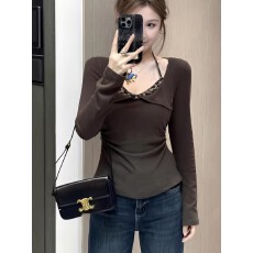 大码女装豹纹挂脖假两件长袖针织衫冬季胖mm显瘦掐腰内搭打底上衣