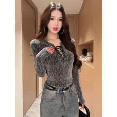 批发大码~氛围感纯欲风辣妹绑带性感闪闪钻秋冬长袖上衣T女