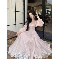 批发法式千金风绝美蕾丝网纱长袖连衣裙女夏新款温柔<b class='q'>甜美</b>收腰显瘦长裙