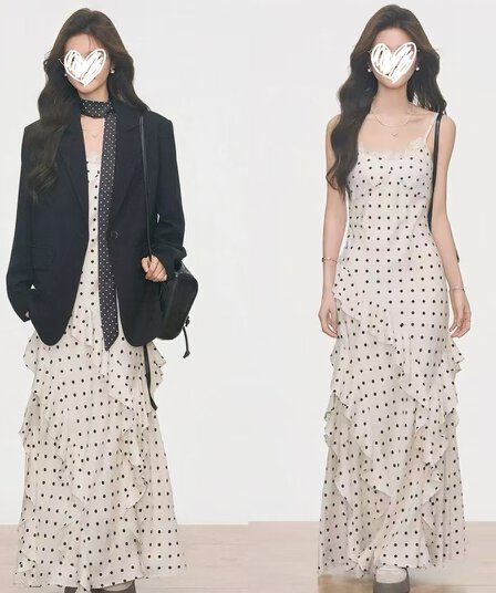 봄 새로운 한 부서 고급 센스 천 금빛 바람 도트 무늬 드레스 슬립 드레스
