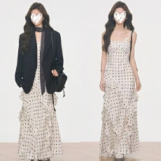 批发<b class='q'>春</b>季新款韩系高级感千金风波点连衣裙吊带裙