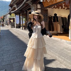 大码法式蕾丝拼接上衣+松紧腰波点蛋糕裙长裙连衣裙套装女气质风