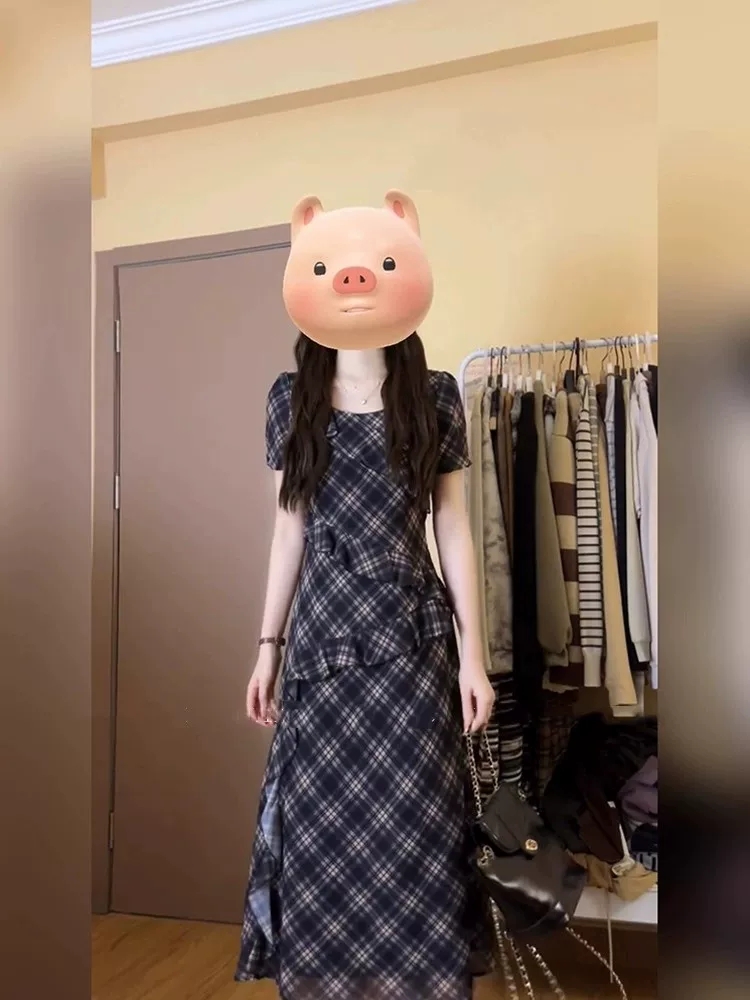 빅 사이즈 프랑스식 순수한 욕망 체크무늬 반팔 여성 드레스 여름 마이크로 지방 mm 프릴 불규칙 롱 스커트