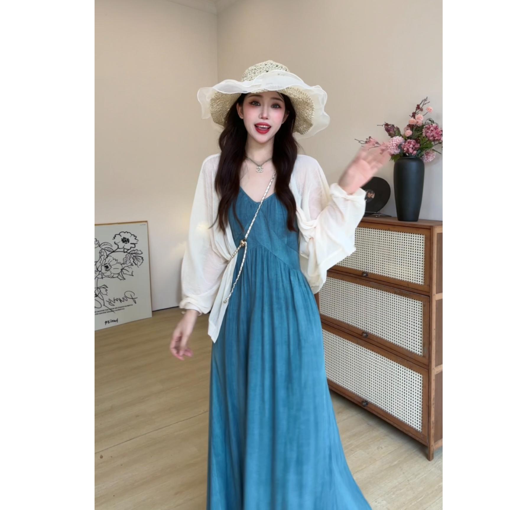 빅 사이즈 프랑스식 레트로 슬립 여성 드레스 여름 허리 수축 슬림해 보이는 롱 스커트 해변가 휴가 해변 드레스