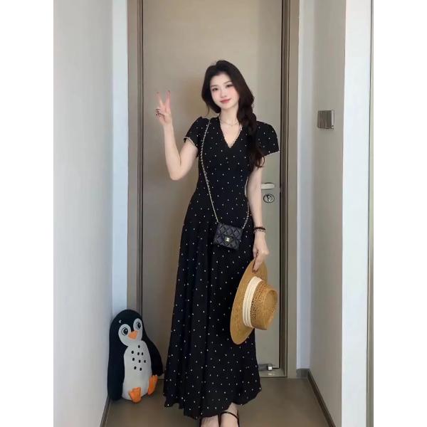 빅 사이즈 여름 프랑스식 잉크 포인트 스타 망 드레스 꽃무늬 일반 슬림해 보이는 작은 대중 검정색 롱 스커트