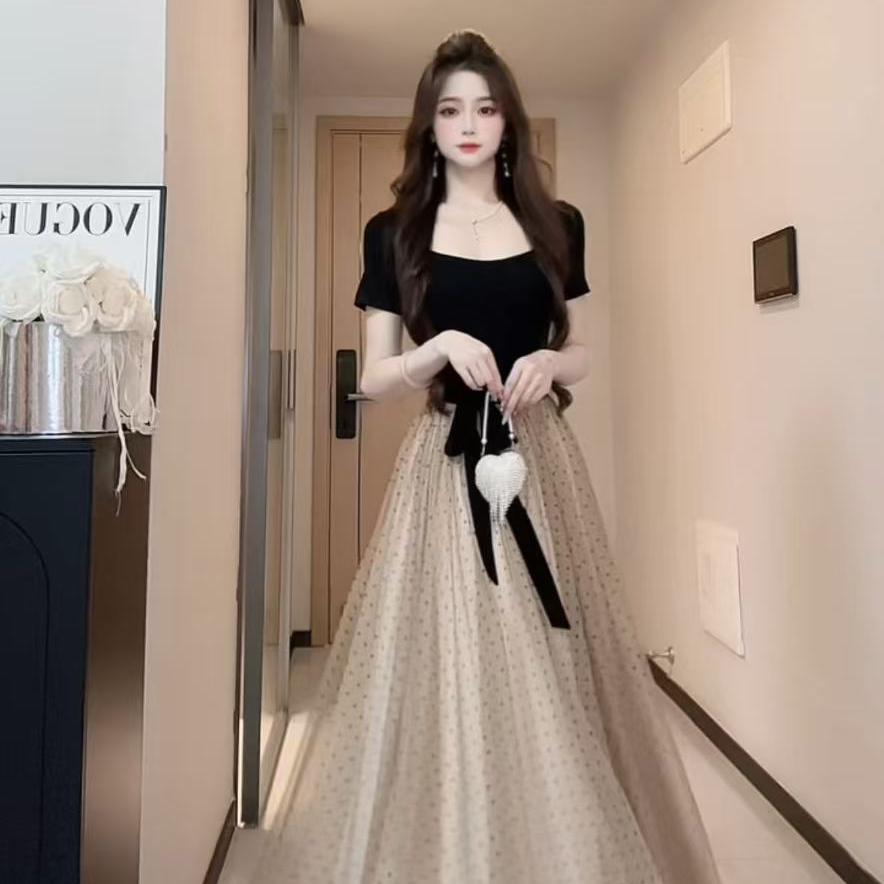 빅 사이즈 천 금빛 바람 스트랩 디자인 센스 꼬집기 허리 어깨 배색 망사 허리 수축 드레스