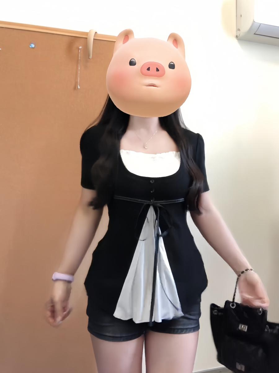 빅 사이즈 지방 mm 한 부서 페이크 레이어드 디자인 센스 배색 반팔 티셔츠 여름 새로운 몸매 가꾸기 그레이트 봐. 의류 여성