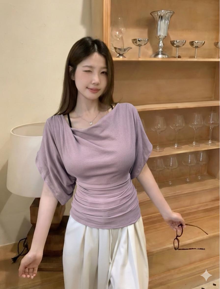 빅 사이즈 지방 mm 디자인 센스 스태킹 박쥐 반팔 티셔츠 여성 여름 순수한 욕망 흔들다 칼라 허리 수축 슬림해 보이는 맨위