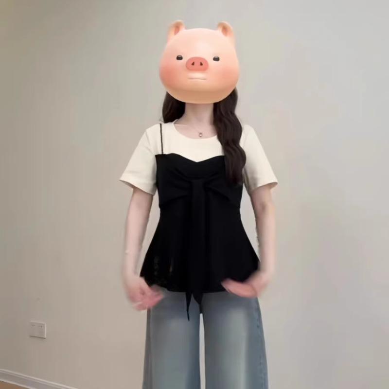 빅 사이즈 지방 mm 페이크 레이어드 배색 반팔 티셔츠 여성 여름 새로운 표지 고기 슬림해 보이는 고유 한 아름다운 작은 셔츠 맨위