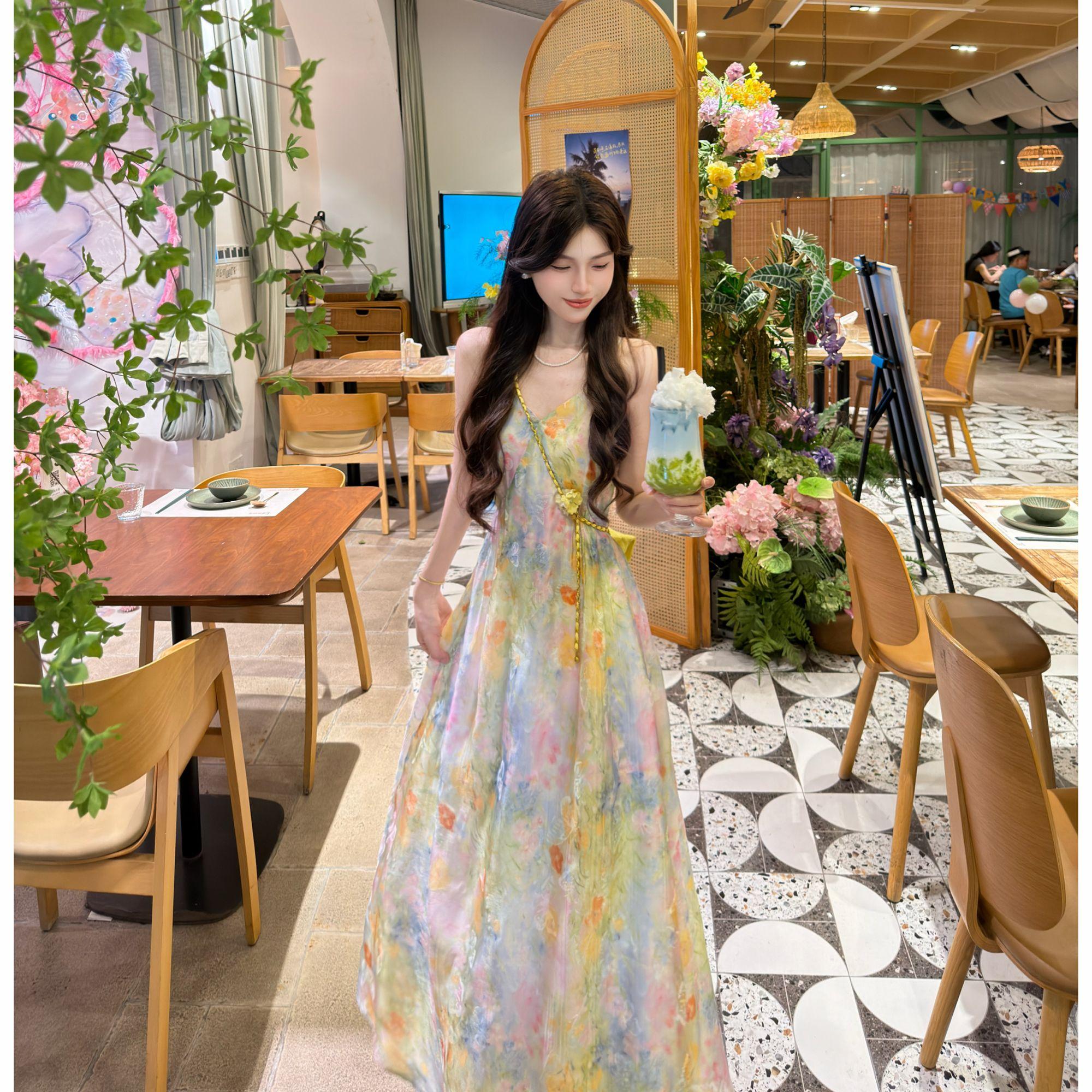 빅 사이즈 여름 새로운 유리 후안 색상 꽃무늬 슬립 꼬집기 허리 슬림해 보이는 휴가