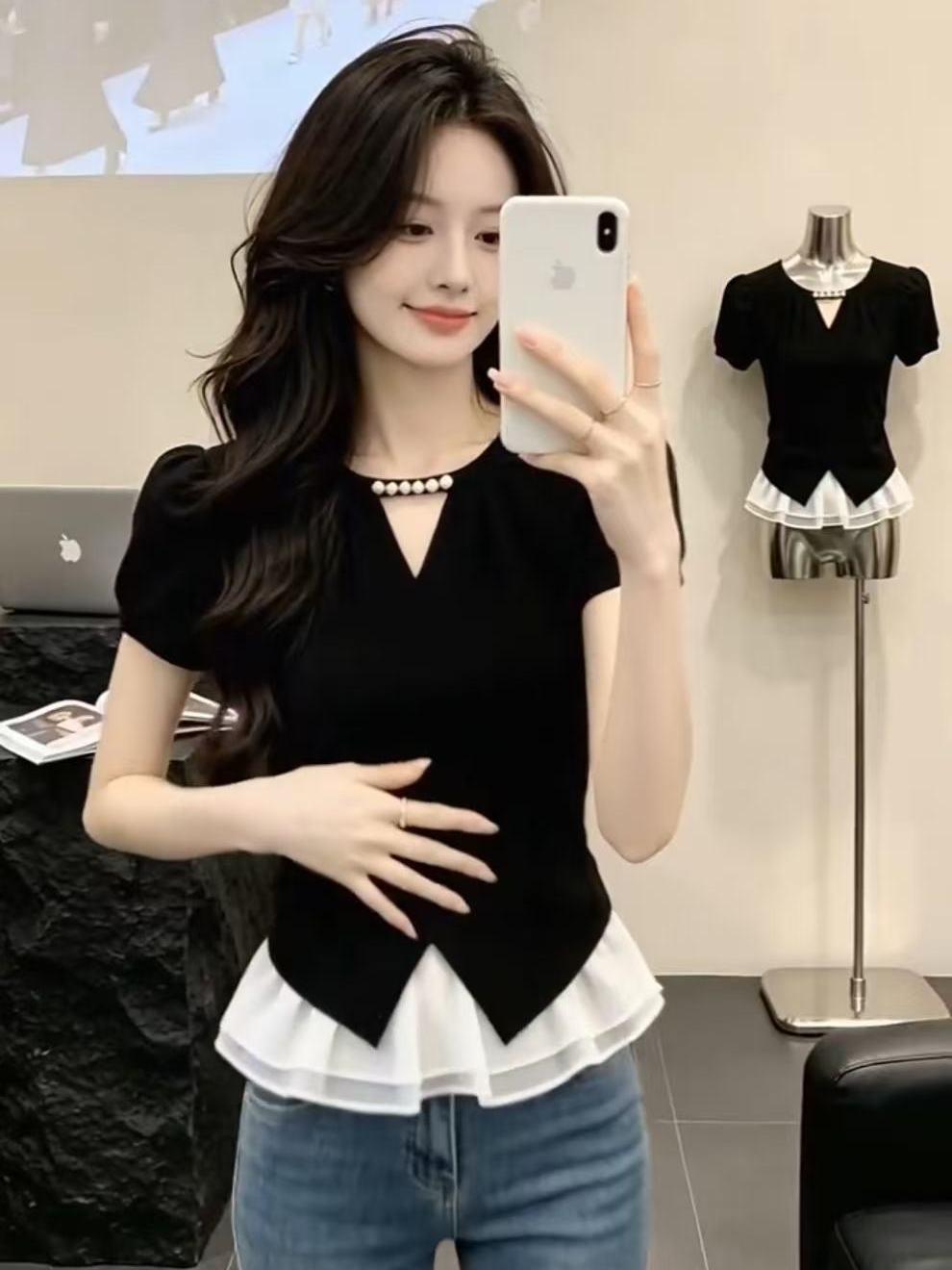 빅 사이즈 디자인 센스 패치워크 반팔 티셔츠 여성 여름 새로운 빛 럭셔리 작은 대중 품격 다용도 맨위