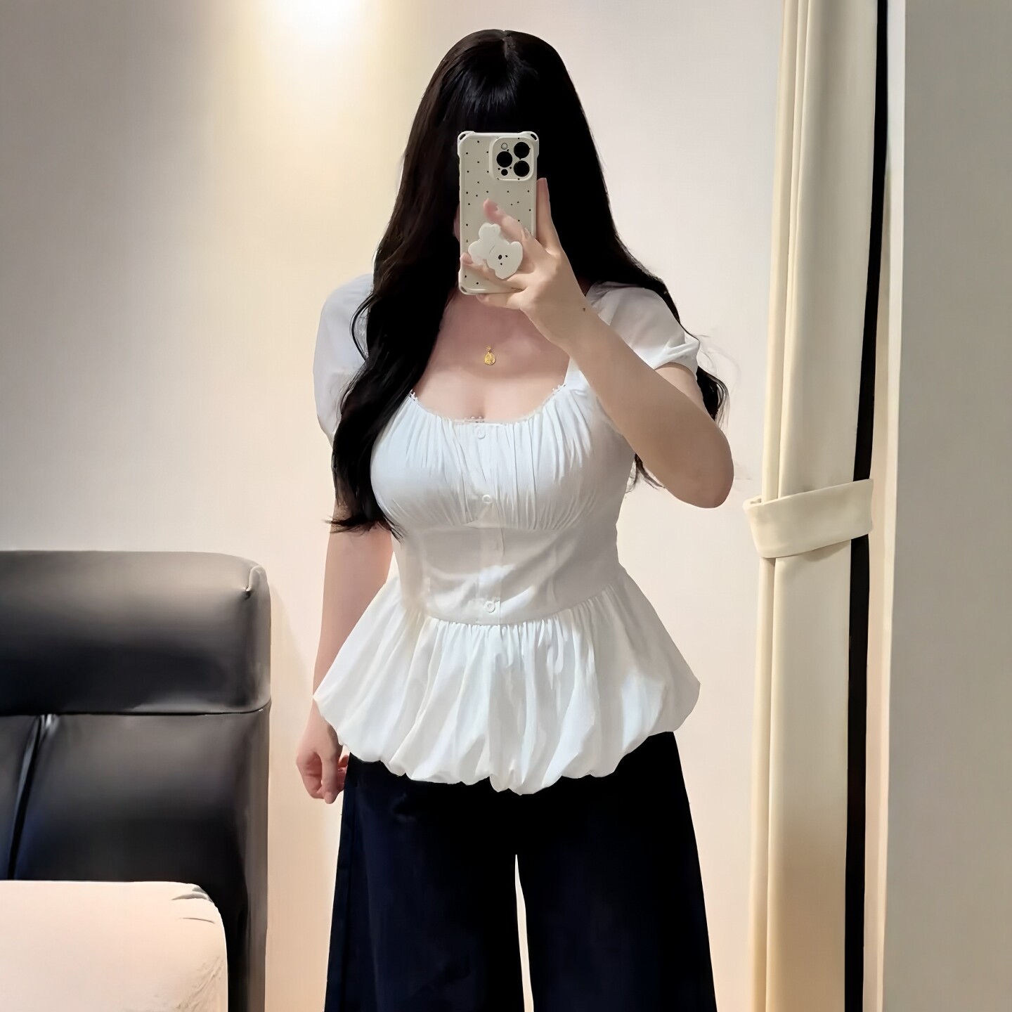 빅 사이즈 지방 mm 프랑스식 디자인 센스 광장 칼라 허리 수축 반팔 여성 셔츠 여름 꽃밭 밑단 표지 고기 슬림해 보이는 맨위